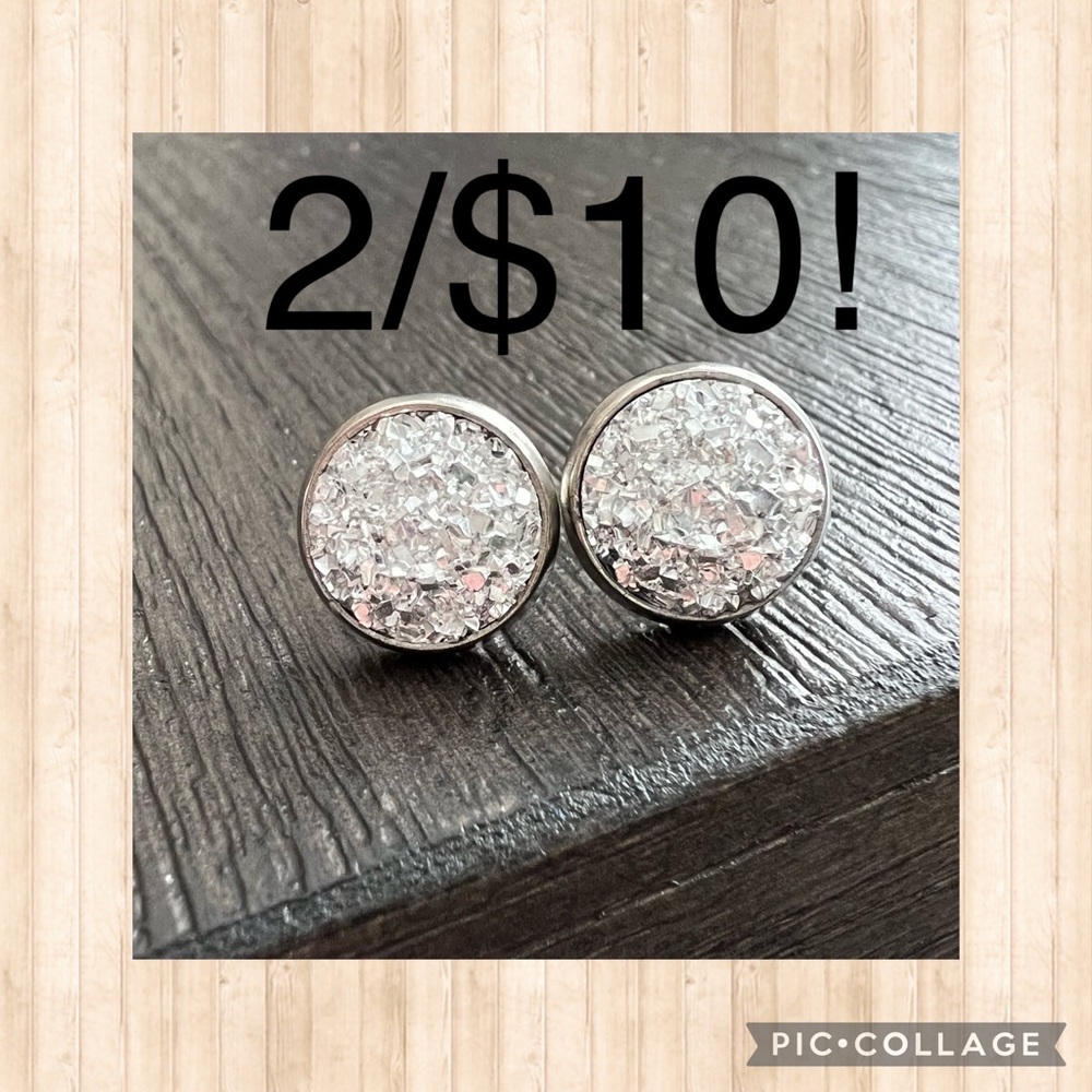 Faux Druzy stud earrings 10mm, silver, stainless steel backs, BUNDLE & SAVE!